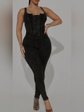 Fashion Nova Tie Me Right Ribbed Jumpsuit - Black - Large
